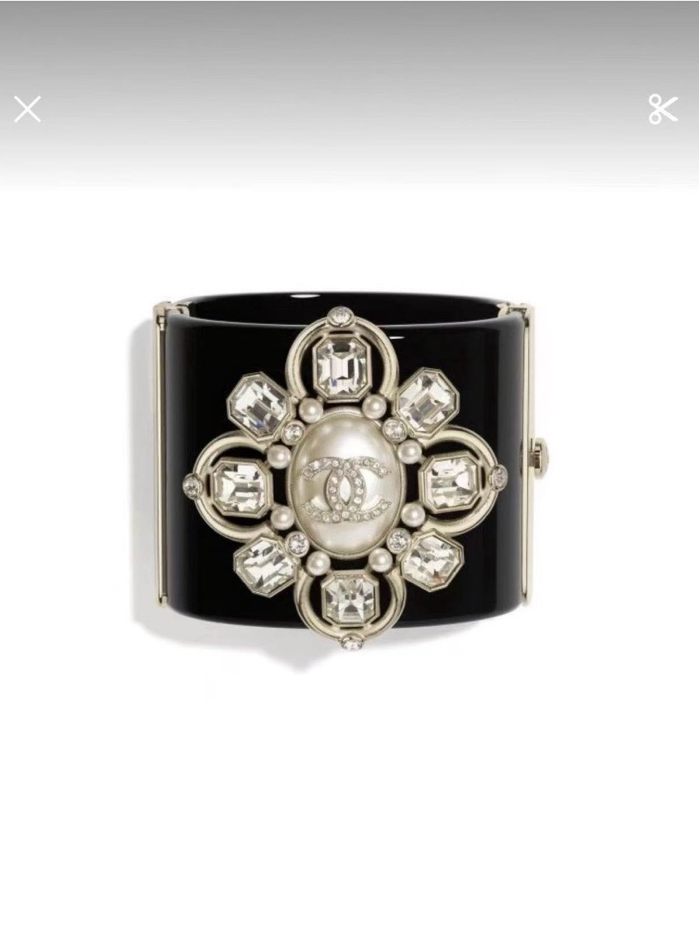 CHANEL Black Resin Cuff with Pearl and Crystal Emblem